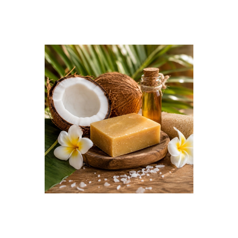 Savon à la coco et au monoï, naturel et fabriqué en France. Parfum exotique et douceur pour une peau nourrie et hydratée