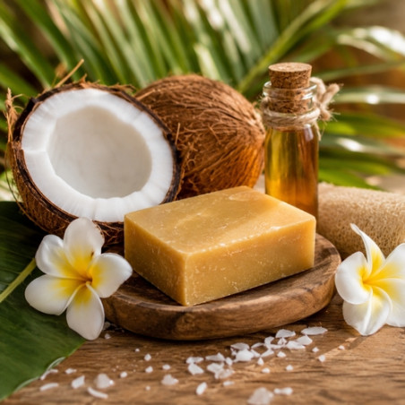 Savon à la coco et au monoï, naturel et fabriqué en France. Parfum exotique et douceur pour une peau nourrie et hydratée
